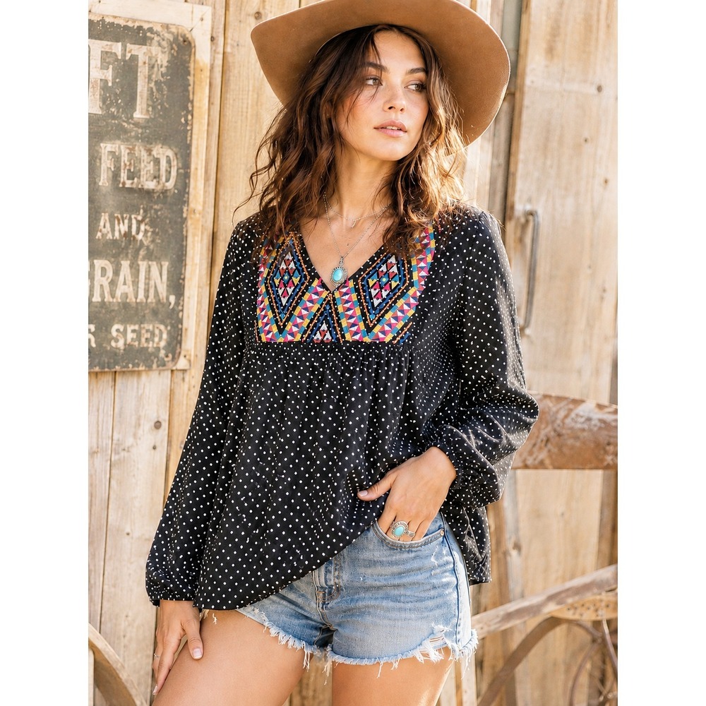 Savanna Jane Embroidered Polka Dot Boho Peasant Blouse M Western Festival‎